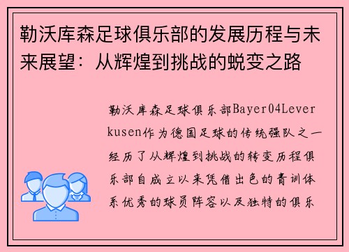 勒沃库森足球俱乐部的发展历程与未来展望：从辉煌到挑战的蜕变之路