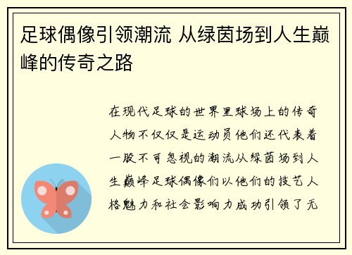 足球偶像引领潮流 从绿茵场到人生巅峰的传奇之路